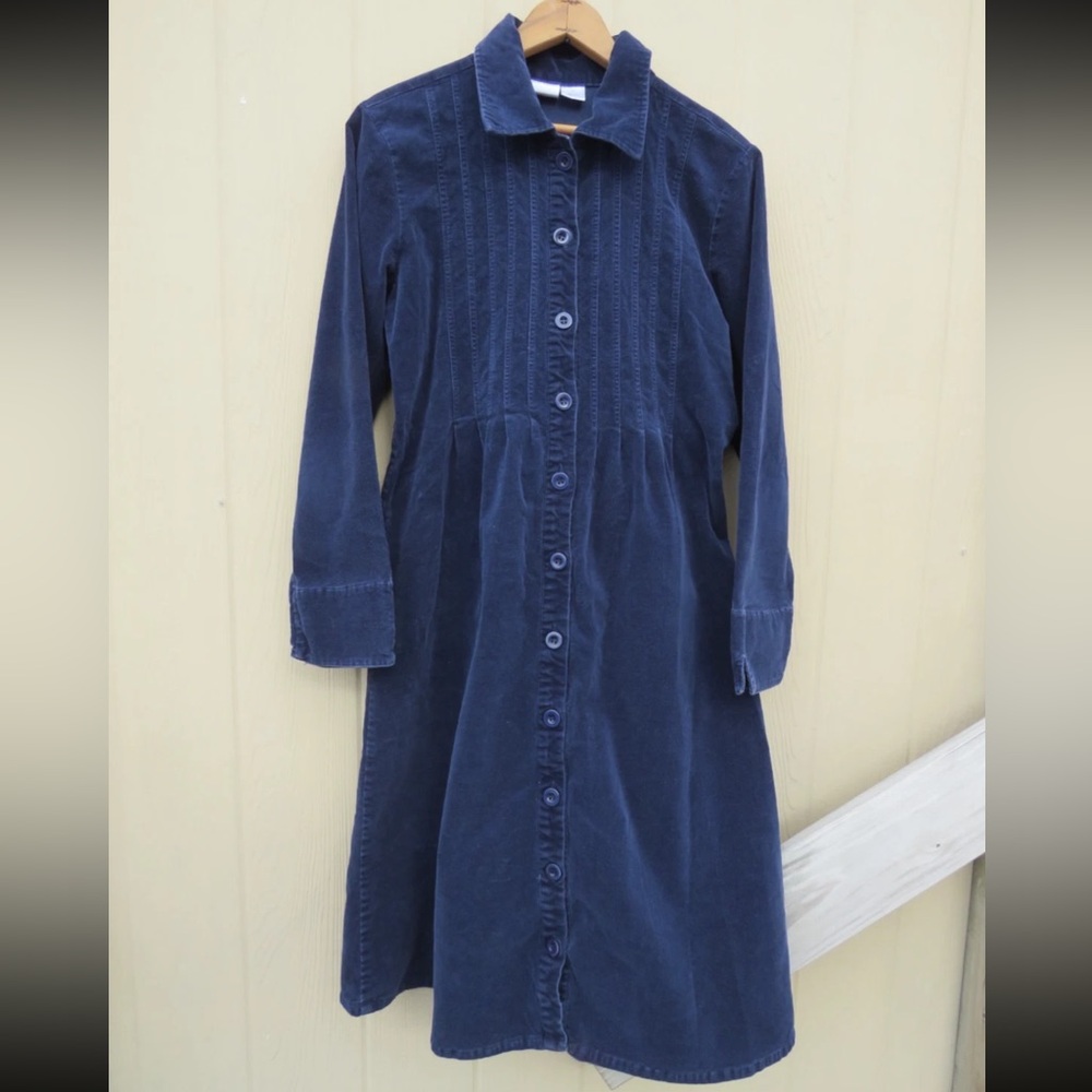 The Vermont Country Store Navy Blue Corduroy Dress Full Button Pintuck Size M